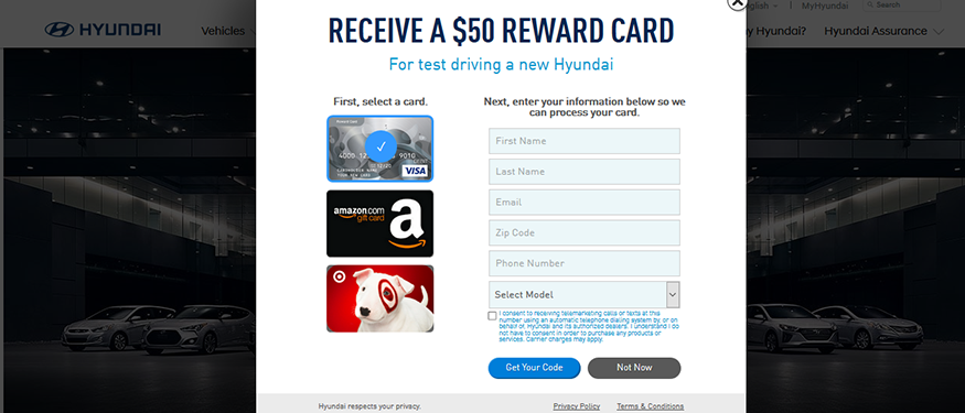 Free gift card for test driving a car